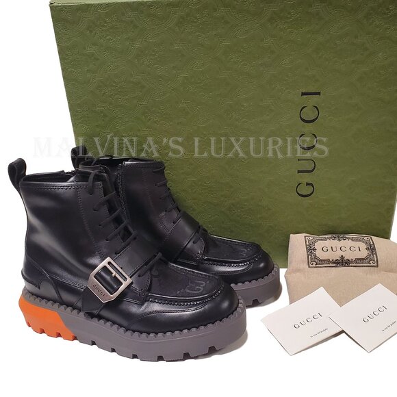 GUCCI BOOTS MENS GG LOGO CANVAS BLACK LEATHER LACE UP ANKLE sz 8 8.5 US - Picture 5 of 16